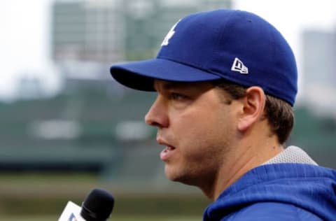 Oct 15, 2016; Chicago, IL, USA; Los Angeles Dodgers starting pitcher Rich Hill (44) talks with media before game one of the 2016 NLCS playoff baseball series at Wrigley Field. Mandatory Credit: