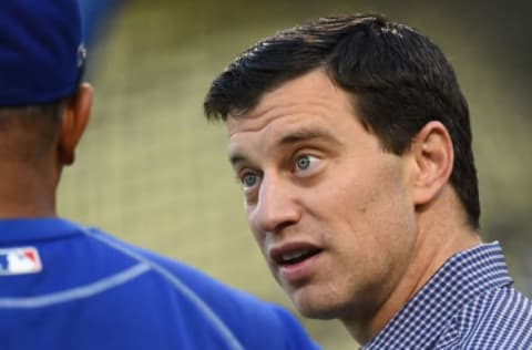 Oct 17, 2016; Los Angeles, CA, USA; Los Angeles Dodgers manager Dave Roberts (left) talks with Dodgers president of baseball operations Andrew Friedman (right) during today’s batting practice and workout prior to game one of the NLCS against the Chicago Cubs at Dodger Stadium. Mandatory Credit: Jayne Kamin-Oncea-USA TODAY Sports