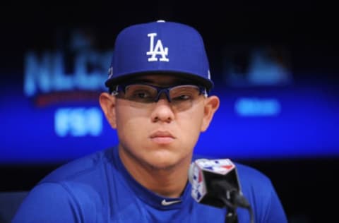 October 18, 2016; Los Angeles, CA, USA; Los Angeles Dodgers starting pitcher Julio Urias speaks to media before game three against the Chicago Cubs in the 2016 NLCS playoff baseball series at Dodger Stadium. Mandatory Credit: Gary A. Vasquez-USA TODAY Sports