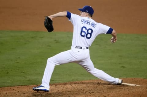 Oct 20, 2016; Los Angeles, CA, USA; Los Angeles Dodgers starting pitcher Ross Stripling (68) delivers a pitch in the eighth inning Chicago Cubs in game five of the 2016 NLCS playoff baseball series against the Los Angeles Dodgers at Dodger Stadium. Mandatory Credit: Gary A. Vasquez-USA TODAY Sports