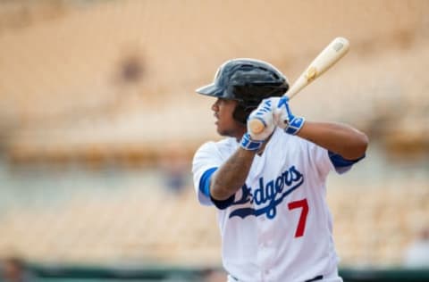 Nov 3, 2016; Glendale, AZ, USA; Glendale Desert Dogs infielder Willie Calhoun of the Los Angeles Dodgers against the Scottsdale Scorpions during an Arizona Fall League game at Camelback Ranch. Mandatory Credit: Mark J. Rebilas-USA TODAY Sports