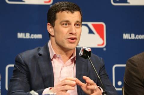 Dec 5, 2016; National Harbor, MD, USA; Los Angeles Dodgers president of baseball operations Andrew Friedman speaks at a press conference announcing Dodgers pitcher Rich Hill (not pictured) signing a three-year contract during the 2016 MLB Winter Meetings at Gaylord National Resort & Convention Center. Mandatory Credit: Geoff Burke-USA TODAY Sports