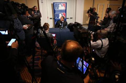 Dec 6, 2016; National Harbor, MD, USA; Los Angeles Dodgers manager Dave Rogers speaks with the media during day two of the 2016 Baseball Winter Meetings at Gaylord National Resort & Convention Center. Mandatory Credit: Geoff Burke-USA TODAY Sports