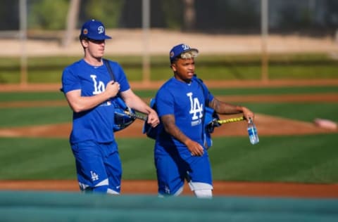 Feb 16, 2017; Glendale, AZ, USA; Los Angeles Dodgers first baseman Cody Bellinger (left) and second baseman Willie Calhoun during a Spring Training practice at Camelback Ranch. Mandatory Credit: Mark J. Rebilas-USA TODAY Sports