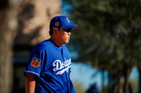 Feb 16, 2017; Glendale, AZ, USA; Los Angeles Dodgers pitcher Hyun-Jin Ryu during a Spring Training practice at Camelback Ranch. Mandatory Credit: Mark J. Rebilas-USA TODAY Sports