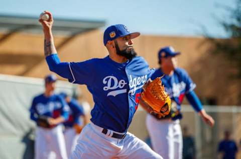 Feb 16, 2017; Glendale, AZ, USA; Los Angeles Dodgers pitcher Sergio Romo during a Spring Training practice at Camelback Ranch. Mandatory Credit: Mark J. Rebilas-USA TODAY Sports