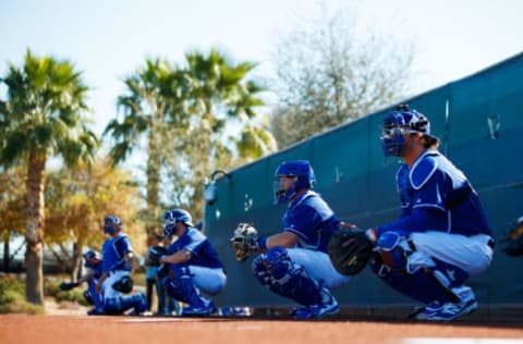 Feb 16, 2017; Glendale, AZ, USA; Los Angeles Dodgers catchers catch a bullpen session during a Spring Training practice at Camelback Ranch. Mandatory Credit: Mark J. Rebilas-USA TODAY Sports