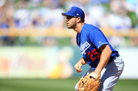 Mar 4, 2017; Mesa, AZ, USA; Los Angeles Dodgers infielder Rob Segedin (25) reacts during a spring training game against the Chicago Cubs at Sloan Park. Mandatory Credit: Allan Henry-USA TODAY Sports