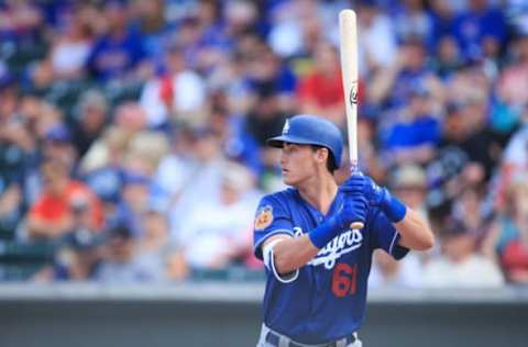 Mar 4, 2017; Mesa, AZ, USA; Los Angeles Dodgers infielder Cody Bellinger (61) at bat during a spring training game against the Chicago Cubs at Sloan Park. The Cubs beat the Dodger 9-3. Mandatory Credit: Allan Henry-USA TODAY Sports