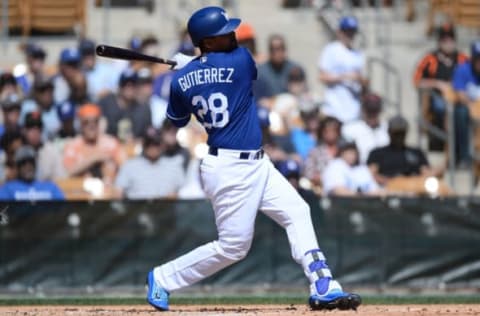 Mar 7, 2017; Phoenix, AZ, USA; Los Angeles Dodgers right fielder Franklin Gutierrez (28) bats against the San Francisco Giants during the first inning at Camelback Ranch. Mandatory Credit: Joe Camporeale-USA TODAY Sports