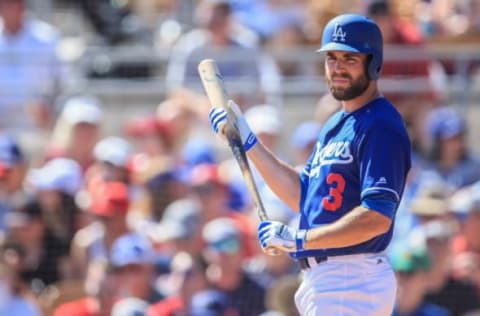 Mar 11, 2017; Phoenix, AZ, USA; Los Angeles Dodger infielder Chris Taylor (3) prepares for his at bat during a spring training game against the Los Angeles Angels at Camelback Ranch. Mandatory Credit: Allan Henry-USA TODAY Sports