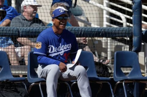 Mar 8, 2017; Phoenix, AZ, USA; Los Angeles Dodgers manager Dave Roberts (30) during a spring training game against the Milwaukee Brewers at Maryvale Baseball Park. Mandatory Credit: Rick Scuteri-USA TODAY Sports