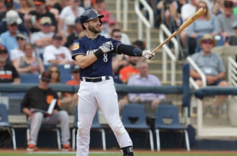 Mar 22, 2017; Phoenix, AZ, USA; Milwaukee Brewers left fielder Ryan Braun (8) during a spring training game against the San Francisco Giants at Maryvale Baseball Park. Mandatory Credit: Rick Scuteri-USA TODAY Sports