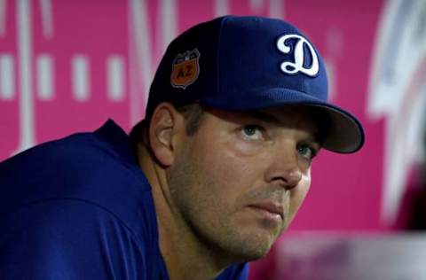 Mar 31, 2017; Anaheim, CA, USA; Los Angeles Dodgers starting pitcher Rich Hill (44) looks on in the second inning of the game against the Los Angeles Angels at Angel Stadium of Anaheim. Mandatory Credit: Jayne Kamin-Oncea-USA TODAY Sports