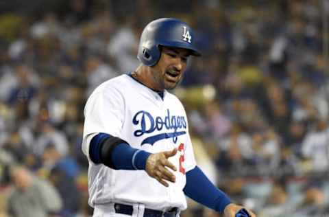 Apr 5, 2017; Los Angeles, CA, USA: Los Angeles Dodgers first baseman Adrian Gonzalez (23) celebrates after scoring in the first inning against the San Diego Padres during a MLB baseball game at Dodger Stadium. Mandatory Credit: Kirby Lee-USA TODAY Sports