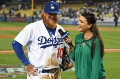 Apr 5, 2017; Los Angeles, CA, USA: Los Angeles Dodgers third baseman Justin Turner (10) is interviewed by Spectrum SportsNet LA broadcaster Alanna Rizzo after a MLB baseball game against the San Diego Padres at Dodger Stadium. The Dodgers defeated the Padres 3-1. Mandatory Credit: Kirby Lee-USA TODAY Sports