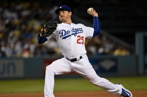 Sep 23, 2016; Los Angeles, CA, USA; Los Angeles Dodgers starting pitcher Scott Kazmir (29) pitches during the first inning against the Colorado Rockies at Dodger Stadium. Mandatory Credit: Kelvin Kuo-USA TODAY Sports