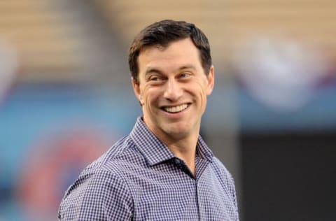 October 17, 2016; Los Angeles, CA, USA; Los Angeles Dodgers executive Andrew Friedman during workouts before game three of the NLCS at Dodgers Stadium. Mandatory Credit: Gary A. Vasquez-USA TODAY Sports