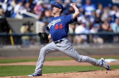 Feb 26, 2017; Phoenix, AZ, USA; Los Angeles Dodgers starting pitcher Rich Hill (44) pitches against the Milwaukee Brewers in the first inning against the Milwaukee Brewers at Maryvale Baseball Park. Mandatory Credit: Joe Camporeale-USA TODAY Sports