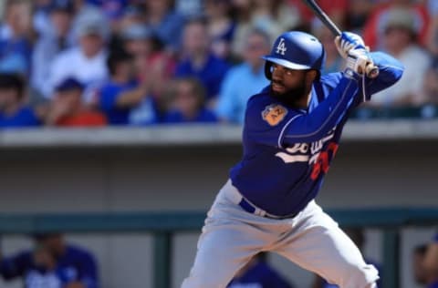 Mar 4, 2017; Mesa, AZ, USA; Los Angeles Dodgers outfielder Andrew Toles (60) at bat during a spring training game against the Chicago Cubs at Sloan Park. The Cubs beat the Dodger 9-3. Mandatory Credit: Allan Henry-USA TODAY Sports