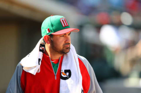 Mar 8, 2017; Salt River Pima-Maricopa, AZ, USA; Mexico first baseman Adrian Gonzalez against the Arizona Diamondbacks during a 2017 World Baseball Classic exhibition game at Salt River Fields. Mandatory Credit: Mark J. Rebilas-USA TODAY Sports