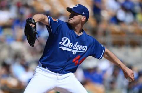 Mar 14, 2017; Phoenix, AZ, USA; Los Angeles Dodgers starting pitcher Rich Hill (44) pitches against the Cincinnati Reds during the second inning at Camelback Ranch. Mandatory Credit: Joe Camporeale-USA TODAY Sports