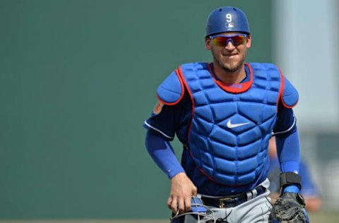 Mar 20, 2017; Goodyear, AZ, USA; Los Angeles Dodgers catcher Yasmani Grandal (9) jogs back to the plate during the first inning against the Cleveland Indians at Goodyear Ballpark. Mandatory Credit: Jake Roth-USA TODAY Sports