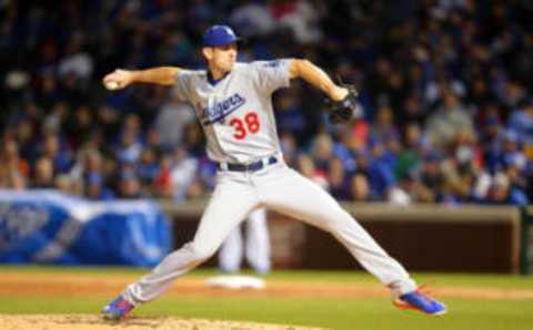 Apr 12, 2017; Chicago, IL, USA; Los Angeles Dodgers starting pitcher Brandon McCarthy (38) delivers a pitch during the third inning against the Chicago Cubs at Wrigley Field. Mandatory Credit: Dennis Wierzbicki-USA TODAY Sports