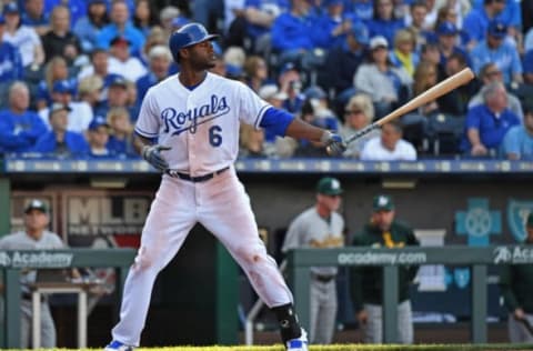 Apr 10, 2017; Kansas City, MO, USA; Kansas City Royals center fielder Lorenzo Cain (6) at bat against the Oakland Athletics during the sixth inning at Kauffman Stadium. Mandatory Credit: Peter G. Aiken-USA TODAY Sports