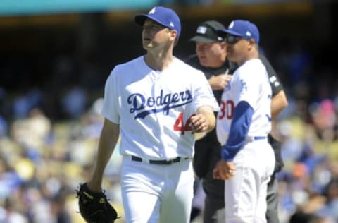 April 16, 2017; Los Angeles, CA, USA; Los Angeles Dodgers starting pitcher Rich Hill (44) leaves the game before the fourth inning against the Arizona Diamondbacks at Dodger Stadium. Mandatory Credit: Gary A. Vasquez-USA TODAY Sports