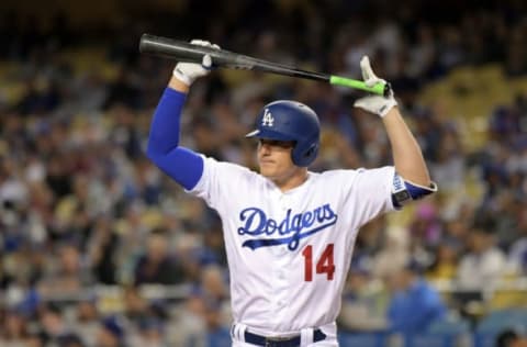 Apr 18, 2017; Los Angeles, CA, USA; Los Angeles Dodgers left fielder Kike Hernandez reacts after striking out in the seventh inning against the Colorado Rockies during a MLB baseball game at Dodger Stadium. The Rockies defeated the Dodgers 4-3. Mandatory Credit: Kirby Lee-USA TODAY Sports