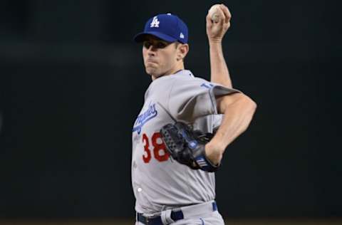 Apr 23, 2017; Phoenix, AZ, USA; Los Angeles Dodgers starting pitcher Brandon McCarthy (38) pitches against the Arizona Diamondbacks during the first inning at Chase Field. Mandatory Credit: Joe Camporeale-USA TODAY Sports