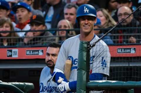 Apr 25, 2017; San Francisco, CA, USA; Los Angeles Dodgers left fielder Cody Bellinger (35) in the dugout during the second inning against the San Francisco Giants at AT&T Park. Mandatory Credit: Kelley L Cox-USA TODAY Sports