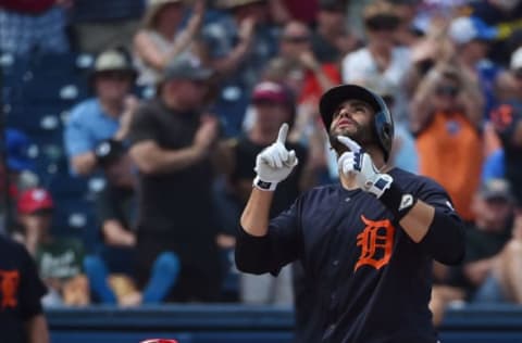 Mar 13, 2017; West Palm Beach, FL, USA; Detroit Tigers right fielder J.D. Martinez (28) celebrates at home plate after his solo home run against the Washington Nationals during a spring training game at The Ballpark of the Palm Beaches. Mandatory Credit: Jasen Vinlove-USA TODAY Sports