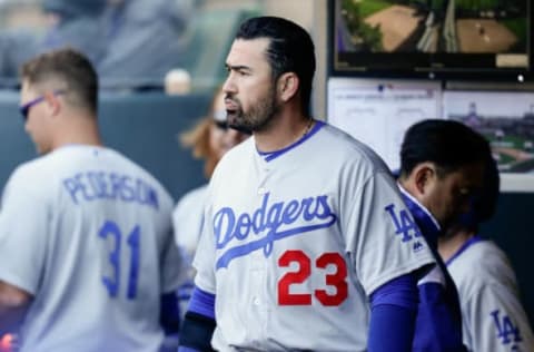 Apr 9, 2017; Denver, CO, USA; Los Angeles Dodgers first baseman Adrian Gonzalez (23) in the dugout in the seventh inning against the Colorado Rockies at Coors Field. Mandatory Credit: Isaiah J. Downing-USA TODAY Sports