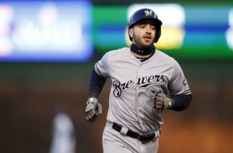 Apr 17, 2017; Chicago, IL, USA; Possible Dodgers’ target Milwaukee Brewers left fielder Ryan Braun (8) rounds second base after hitting a two-run home run during the first inning of the game against the Chicago Cubs at Wrigley Field. Mandatory Credit: Caylor Arnold-USA TODAY Sports