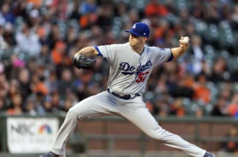 Apr 26, 2017; San Francisco, CA, USA; Los Angeles Dodgers starting pitcher Alex Wood (57) delivers a pitch during the first inning against the San Francisco Giants at AT&T Park. Mandatory Credit: Neville E. Guard-USA TODAY Sports