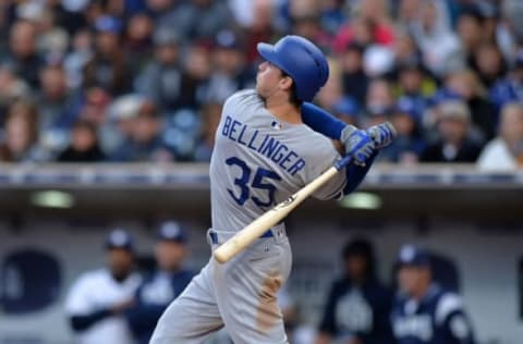 May 6, 2017; San Diego, CA, USA; Los Angeles Dodgers left fielder Cody Bellinger (35) follows through during the fifth inning against the San Diego Padres at Petco Park. Mandatory Credit: Jake Roth-USA TODAY Sports