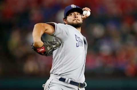 May 10, 2017; Arlington, TX, USA; San Diego Padres relief pitcher Brad Hand delivers a pitch to the Texas Rangers during a baseball game at Globe Life Park in Arlington. Mandatory Credit: Jim Cowsert-USA TODAY Sports