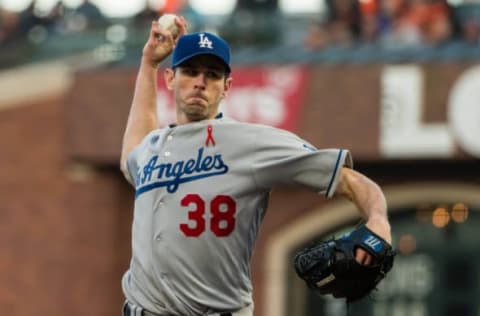 May 15, 2017; San Francisco, CA, USA; Los Angeles Dodgers starting pitcher Brandon McCarthy (38) pitches the ball against the San Francisco Giants at AT&T Park. Mandatory Credit: Kelley L Cox-USA TODAY Sports