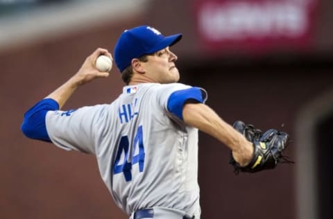 May 16, 2017; San Francisco, CA, USA; Los Angeles Dodgers starting pitcher Rich Hill (44) pitches against the San Francisco Giants in the first inning at AT&T Park. Mandatory Credit: John Hefti-USA TODAY Sports