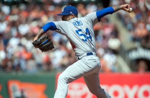 May 17, 2017; San Francisco, CA, USA; Los Angeles Dodgers relief pitcher Sergio Romo (54) throws a pitch during the ninth inning of the game against the San Francisco Giants at AT&T Park. Mandatory Credit: Ed Szczepanski-USA TODAY Sports\