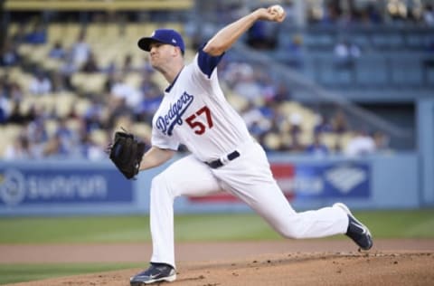 May 19, 2017; Los Angeles, CA, USA; Los Angeles Dodgers starting pitcher Alex Wood (57) pitches against the Miami Marlins during the first inning at Dodger Stadium. Mandatory Credit: Kelvin Kuo-USA TODAY Sports