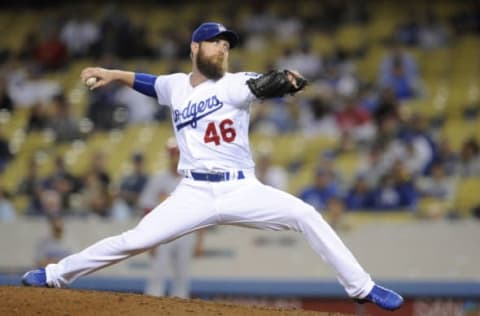 May 23, 2017; Los Angeles, CA, USA; Los Angeles Dodgers relief pitcher Josh Fields (46) throws in the thirteenth inning against the St. Louis Cardinals at Dodger Stadium. Mandatory Credit: Gary A. Vasquez-USA TODAY Sports