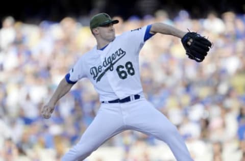 May 27, 2017; Los Angeles, CA, USA; Los Angeles Dodgers relief pitcher Ross Stripling (68) throws in the seventh inning against the Chicago Cubs at Dodger Stadium. Mandatory Credit: Gary A. Vasquez-USA TODAY Sports