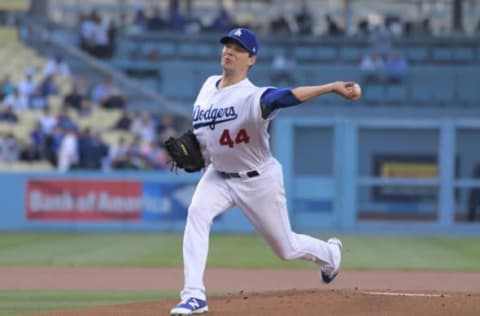 May 24, 2017; Los Angeles, CA, USA; Los Angeles Dodgers pitcher Rich Hill (44) delivers a pitch in the first inning against the St. Louis Cardinals during an MLB baseball game at Dodger Stadium. Mandatory Credit: Kirby Lee-USA TODAY Sports