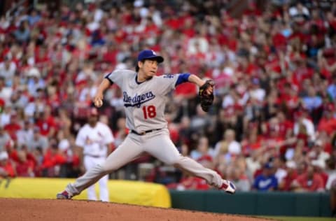 May 30, 2017; St. Louis, MO, USA; Los Angeles Dodgers starting pitcher Kenta Maeda (18) pitches during the third inning against the St. Louis Cardinals at Busch Stadium. Mandatory Credit: Jeff Curry-USA TODAY Sports