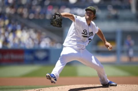 May 28, 2017; Los Angeles, CA, USA; Los Angeles Dodgers starting pitcher Clayton Kershaw (22) pitches against the Chicago Cubs during the first inning at Dodger Stadium. Mandatory Credit: Kelvin Kuo-USA TODAY, Sports