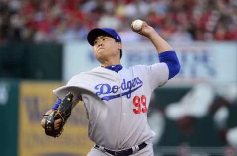 May 31, 2017; St. Louis, MO, USA; Los Angeles Dodgers starting pitcher Hyun-Jin Ryu (99) pitches during the first inning against the St. Louis Cardinals at Busch Stadium. Mandatory Credit: Jeff Curry-USA TODAY Sports