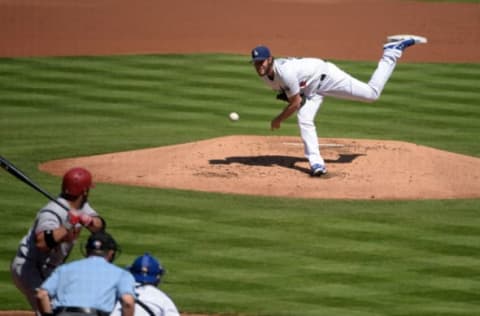 Sep 24, 2015; Los Angeles, CA, USA; Los Angeles Dodgers starter Clayton Kershaw (22) delivers a pitch to Arizona Diamondbacks catcher Welington Castillo (7) at Dodger Stadium. Mandatory Credit: Kirby Lee-USA TODAY Sports